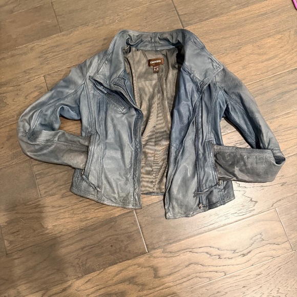 Danier Blue-Grey Genuine Leather Moto Jacket 2XS Asymmetric Zip, High Collar - Picture 4 of 16